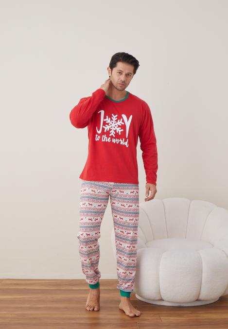 Pijama barbat Craciun maneca lunga pantaloni lungi rosu Joy ENGROS